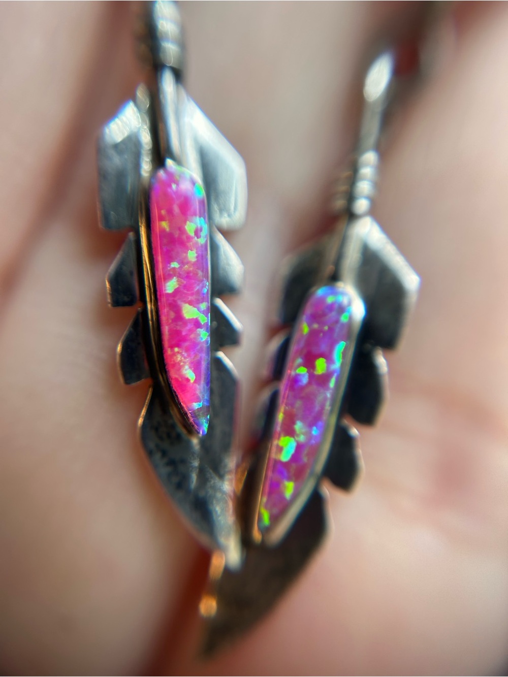 Sterling silver opal inlay turtle feather drop dangle earrings - Picture 3 of 7